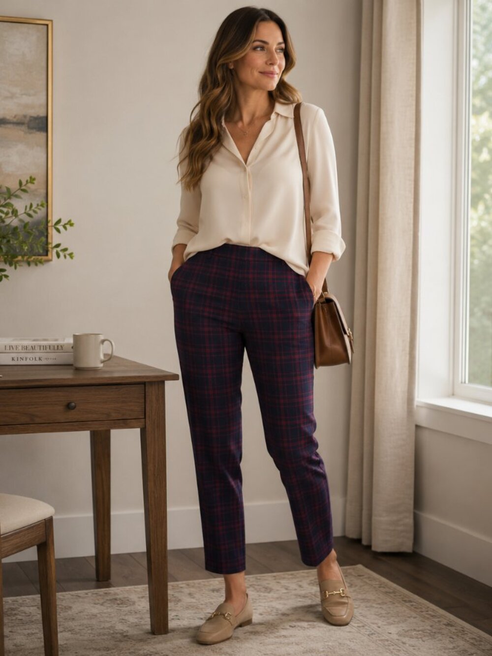 Talbots Womens XL Red/Black Checkered Trousers Pull On Career Stretch Ankle Pant